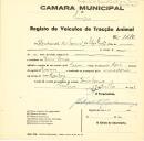 Registo de um veiculo de duas rodas tirado por dois animais de espécie bovina destinado a transporte de mercadorias em nome de Manuel da Silva Quito, morador em Dona Maria.