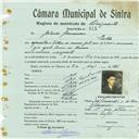 Registo de matricula de velocipedista em nome de Arlindo Fernandes, morador em Sintra, com o nº de inscrição 815.
