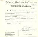 Registo de um veiculo de duas rodas tirado por dois animais de espécie cavalar destinado a transporte de mercadorias em nome de Maria Luísa Marques Burnay, moradora no Linhó. 