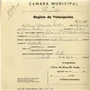 Registo de velocípede de marca Mauritania, com o nº 2128, em nome de Olivia d'Almeida Melo, moradora em Sintra