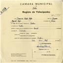 Registo de velocípede de marca Invicta, com o nº 2995, em nome de Mário dos Santos Anjos, morador em Rinchoa.