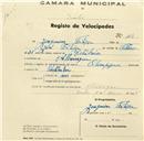 Registo de velocípede de marca Olympique, com o nº 1083, em nome de Joaquim Filipe, morador em Albarraque.