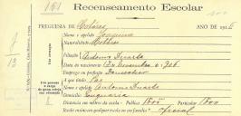 Recenseamento escolar de Joaquina Duarte, filho de António Duarte, moradora na Eugaria.