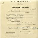 Registo de velocípede de marca César, com o nº 1552, em nome de Casa Cadaval, morador em Quinta da Piedade.