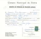 Registo de um veiculo de duas rodas tirado por um animal de espécie asinina destinado a transporte de mercadorias em nome de Jerónimo Luís Domingos , morador na Aldeia Galega.