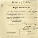 Registo de velocípede com o nº 1168, em nome de José Nunes Camada, morador em Colares.