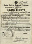 Boletim de óbito de António Antunes, morador na Barreira, sepultado no coval nº 7817, do cemitério de S. Marçal.