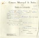 Registo de velocípede de marca Reinold, com o nº 9011, em nome de António Tomás França, morador em Casas Novas.