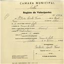 Registo de velocípede de marca Nacional, com o nº 2319, em nome de Estêvão Couto Vieira, morador em Várzea de Sintra.