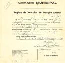 Registo de um veiculo de duas rodas tirado por um animal de espécie muar destinado a transporte de mercadorias em nome de Manuel Lopes Leon, morador em Sintra.