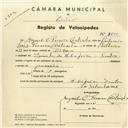 Registo de velocípede com o nº 3845, em nome de Miguel C. Pereira Coutinho, morador em Quinta da Ribafria, Sintra.