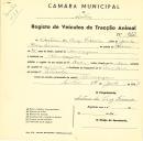 Registo de um veiculo de duas rodas tirado por dois animais de espécie asinina destinado a transporte de mercadorias em nome de António da Cruz Ferreira, morador em Almoçageme. 