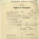 Registo de velocípede de marca Star, com o nº 563, em nome de Mário Mêma e Silva, morador na Rua 31 de Janeiro nº 14, Queluz.
