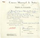 Registo de velocípede de marca Favorite, com o nº 9179, em nome de Manuel de Sousa Esteves Forneiro, morador em Pouso da Urca, Serra de Sintra.
