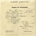Registo de velocípede de marca Starley, com o nº 1567, em nome de Zeferino Tomás Lopes, morador em Vila Verde.