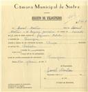 Registo de velocípede de marca Olimpique, com o nº 7440, em nome de Leonel Martins, morador em Terrugem.