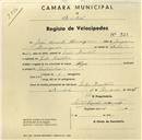 Registo de velocípede de marca Olga, com o nº 923, em nome de João Duarte Henriques, morador em Mem Martins.