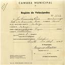 Registo de velocípede de marca Peugeot, com o nº 1562, em nome de José Francisco Pais, morador em Sabugo.