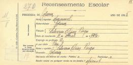 Recenseamento escolar de Manuel Prego, filho de Silvério Dias Prego, morador em Colares.