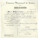 Registo de velocípede de marca Oriental, com o nº 5758, em nome de Manuel Rodrigues da Graça, morador em Travessa da Mina nº 3, Queluz.
