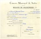 Registo de velocípede de marca Nacional, com o nº 9587, em nome de Manuel Alexandre Pereira, morador em Queluz.