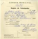 Registo de velocípede com o nº 3689, em nome de António Antunes, morador em Cacém de Baixo.