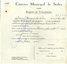 Registo de velocípede de marca Mavic, com o nº 8932, em nome de Manuel Marques da Silva, morador em Sintra.