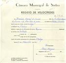 Registo de velocípede com o nº 9421, em nome de Honório Manuel do Carmo, morador em A-da-Beja.