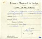 Registo de velocípede de marca Especial, com o nº 9396, em nome de Pedro Gabriel Rodrigues dos Santos, morador em Queluz.