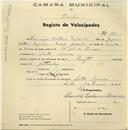 Registo de velocípede de marca Peugeot, com o nº 129, em nome de Domingos Caetano Miranda, morador em Santa Susana.