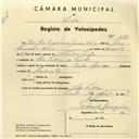 Registo de velocípede de marca Cycles Raio, com o nº 4176, em nome de João José Eugénio da Graça Coco, morador em S. Pedro de Sintra.