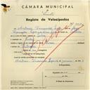 Registo de velocípede de marca Dinar, com o nº 3970, em nome de António Fernandes Lopes, morador em Queluz.