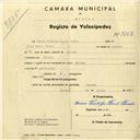 Registo de velocípede de marca Croine, com o nº 3103, em nome de Lúcio Fidalgo Paulo Bicho, morador em Sintra.