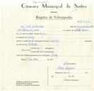 Registo de velocípede com o nº 8866, em nome de João de Carvalho, morador em Queluz.