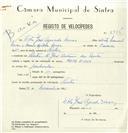 Registo de velocípede de marca Mota, com o nº 8376, em nome de Vítor José Azevedo Névoa, morador em Rua José Antunes dos Santos, Sintra.