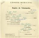 Registo de velocípede de marca Origan com o nº 3206, em nome de José Duarte, morador em Mem Martins.