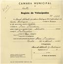 Registo de velocípede de marca Alcyon, com o nº 1655, em nome de Manuel Alberto Gonçalves Rodrigues, morador em Pero Pinheiro.