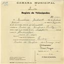 Registo de velocípede de marca Champion, com o nº 1415, em nome de Ermelinio Gabriel, morador em Portas de Benfica, Queluz.