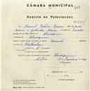 Registo de velocípede de marca Nacional, com o nº 4454, em nome de Manuel Baleia Branco, morador em Almorquim.