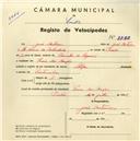 Registo de velocípede de marca Alfa, com o nº 3738, em nome de José Antunes, morador em Praia das Maçãs.