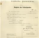 Registo de velocípede de marca Dinar, com o nº 62, em nome de José Duarte Filipe, morador em Várzea de Sintra.