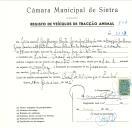 Registo de um veiculo de quatro rodas tirado por um ou dois animais de espécie cavalar destinado a transporte de mercadorias em nome de Manuel Guilherme Bastos Mendes, morador no Casal de Olivença, Linhó.