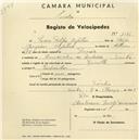 Registo de velocípede de marca Zenith, com o nº 1121, em nome de Pedro Filipe Capitão, morador em Escadinhas do Arrabalde, Sintra.