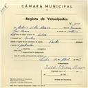 Registo de velocípede com o nº 4193, em nome de António Vilar Bravo, morador em Queluz.