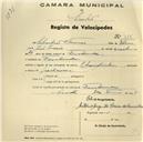 Registo de velocípede de marca Champion, com o nº 378, em nome de Sebastião Florêncio, morador em Fontanelas.