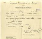 Registo de velocípede de marca Famel com motor Vitória, com o nº 9886, em nome de José Guilherme Pombal, morador Sintra.em 