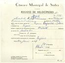 Registo de velocípede de marca Oriental, com o nº 9521, em nome de Humberto Duarte Patriarca, morador em Eugaria.