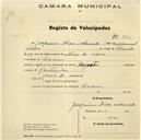 Registo de velocípede de marca Peugeot, com o nº 885, em nome de Joaquim Dias Amado, morador em Cacem.