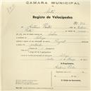 Registo de velocípede de marca Peugeot, com o nº 801, em nome de António Portas, morador em Sabugo.