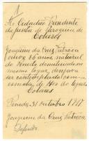 Requerimento feito por Joaquim da Cruz Patroca ao Presidente da Junta de Paróquia de Colares para receber a esmola de 1$00 escudo do legado de Colares.